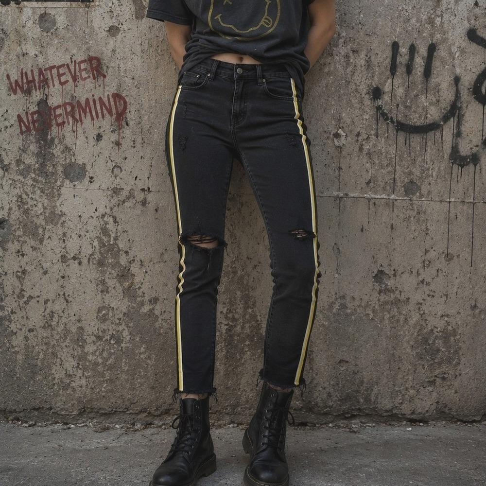 Zara Black Distressed‎ Skinny Jeans Yellow Side Stripe Raw Hem Grunge Womens 10
